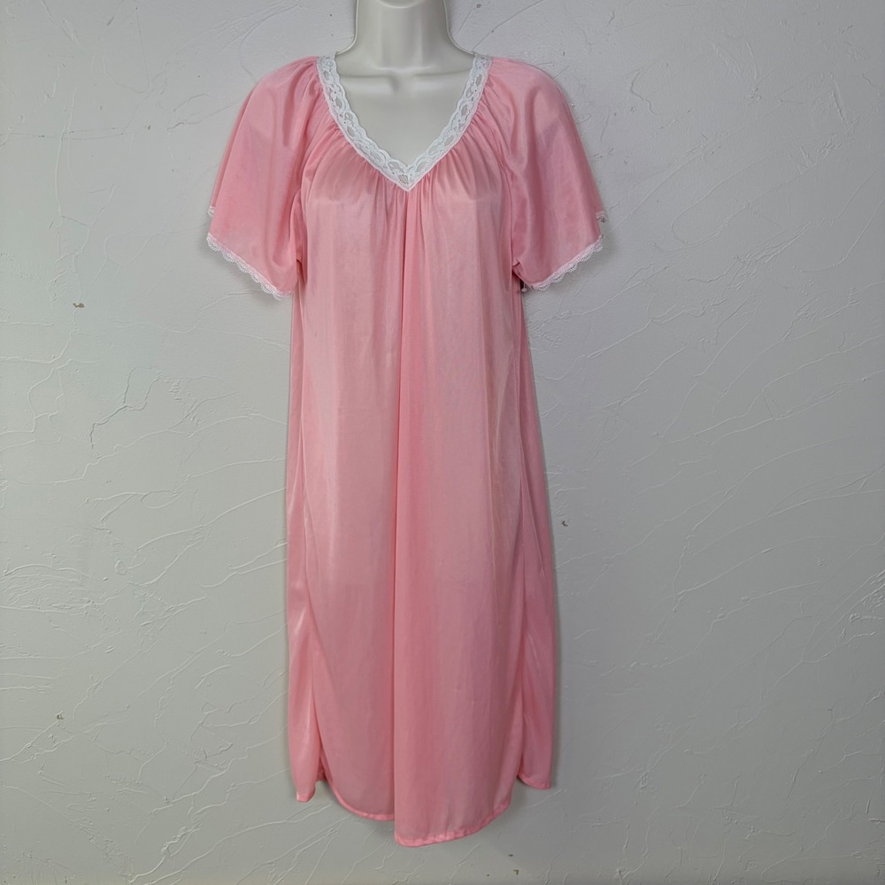 Y2K Blair Nightgown Womens Medium Pink Lace Trim‎ Short Sleeve V Neck Sleepwear